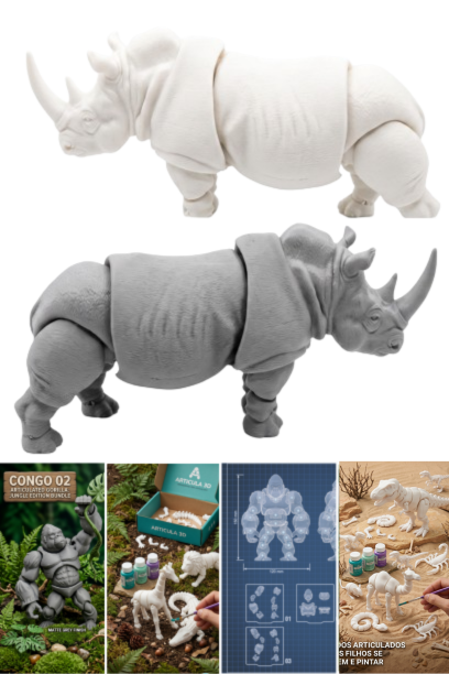 Rinoceronte Brinquedo Articulado 3D Para Pintar Exclusivo Webshopfy